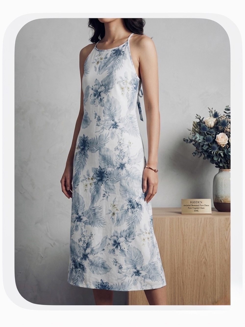 Sleeveless Blue Floral Halter Midi Dress